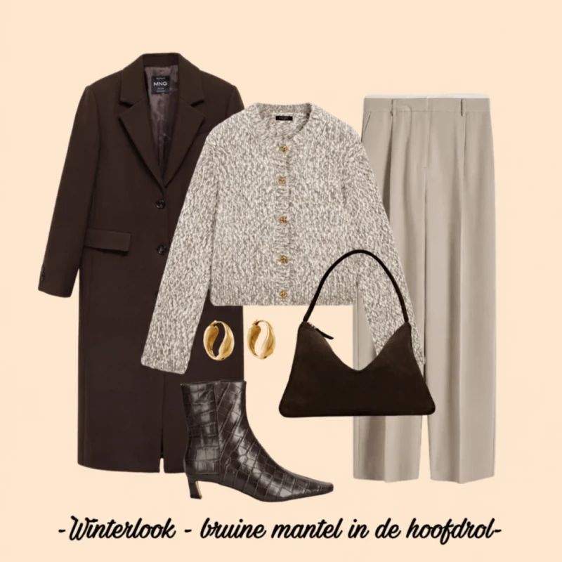 De mooiste winterlooks 2025: de chocoladebruine Mango-mantel in de hoofdrol